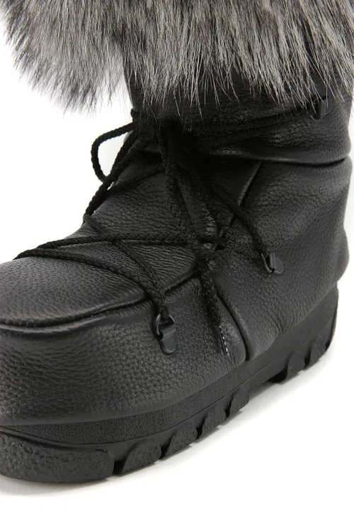 Black leather with silver Fox - Mukluks | Winter boots - Snow boots | BILODEAU Canada