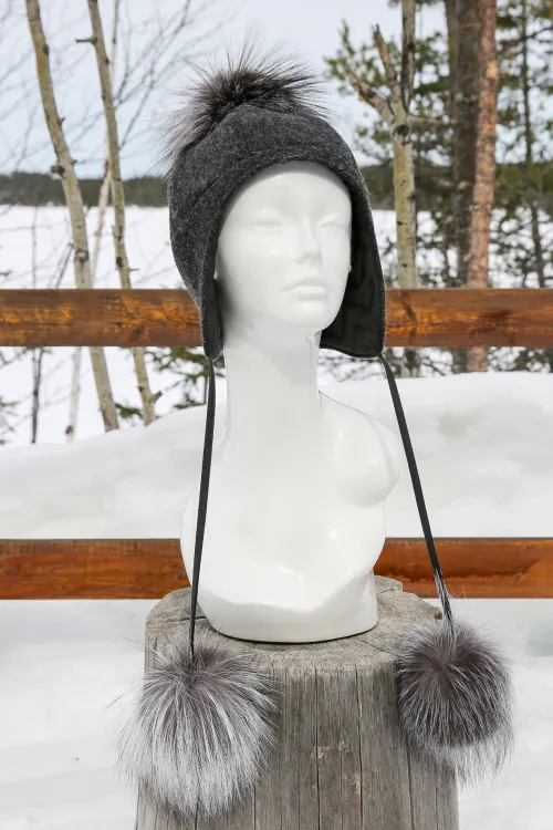 Charcoal wool hat with Finn-raccoon pompons | Fur hats | BILODEAU Canada
