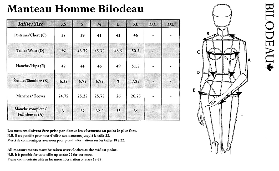 Size guide for BILODEAU men fur coat natural Seal