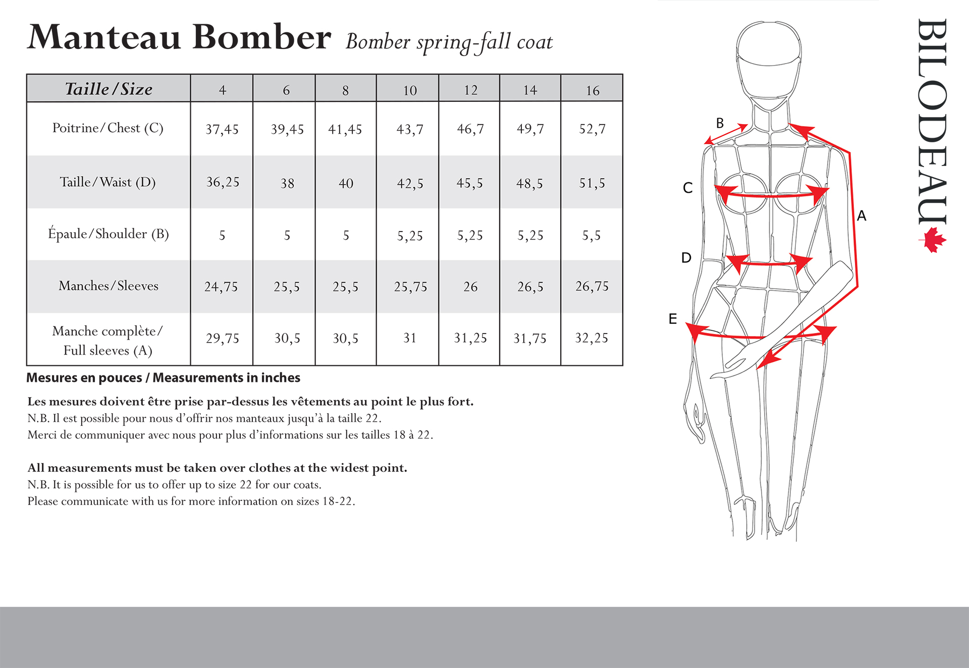 Size guide for Bomber - Mid-season coat
