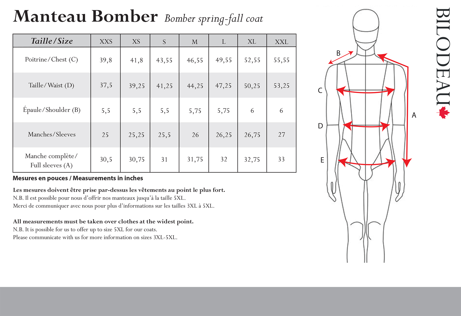 Size guide for Bomber - Mid-season coat