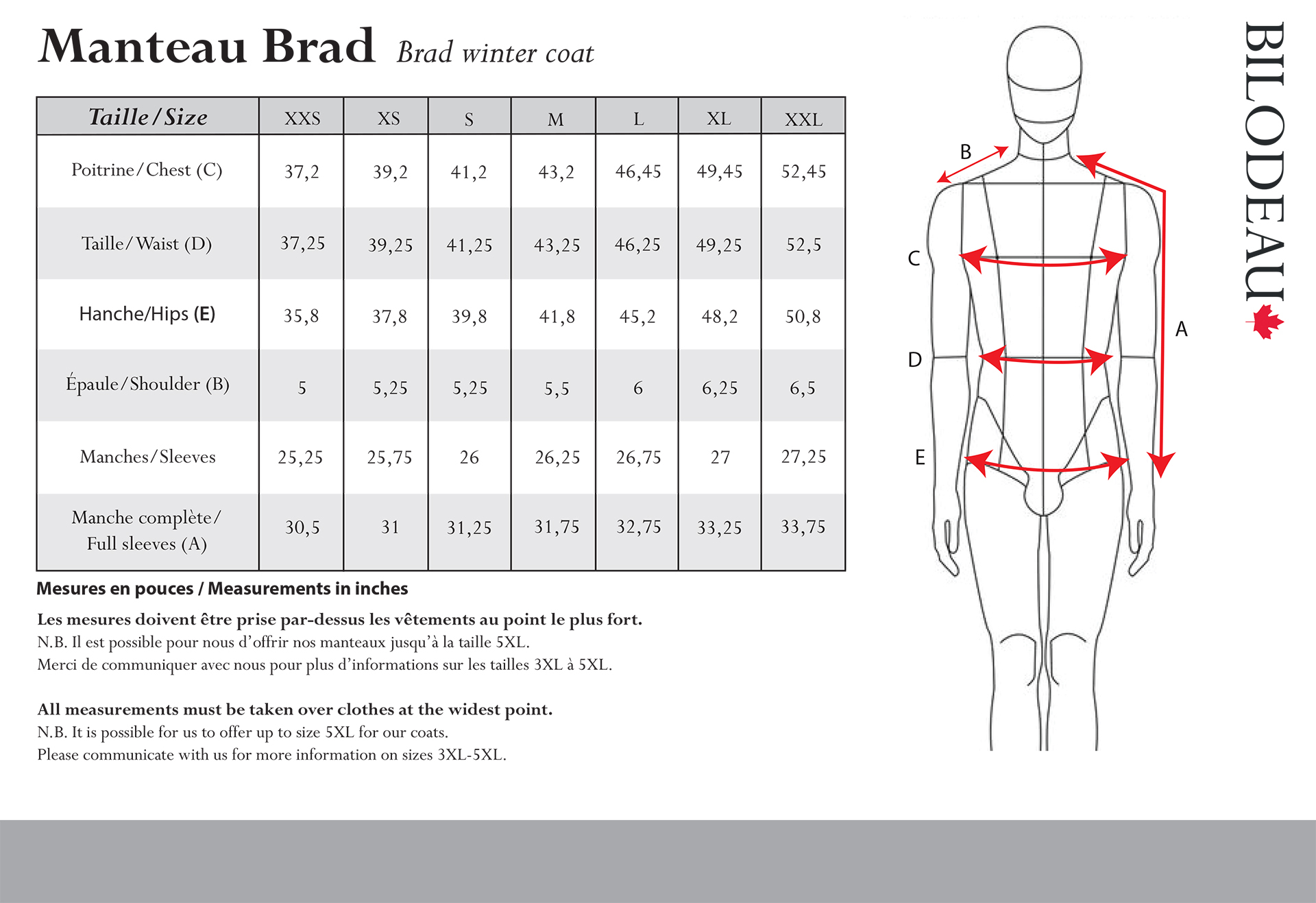 Size guide for Brad winter coat
