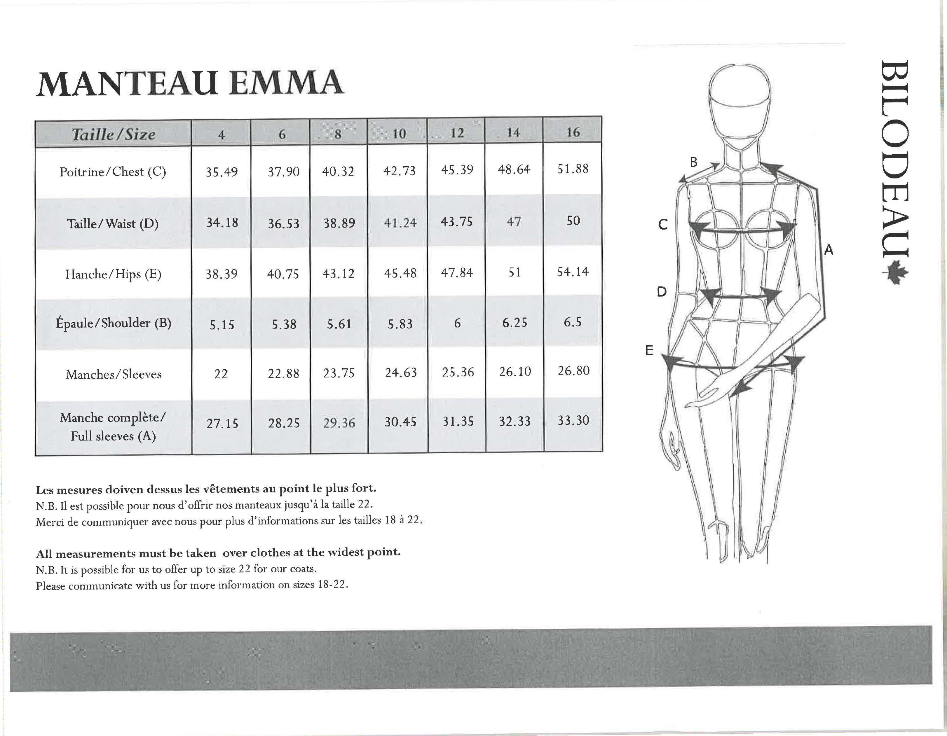 Size guide for Emma - Mid-season coat