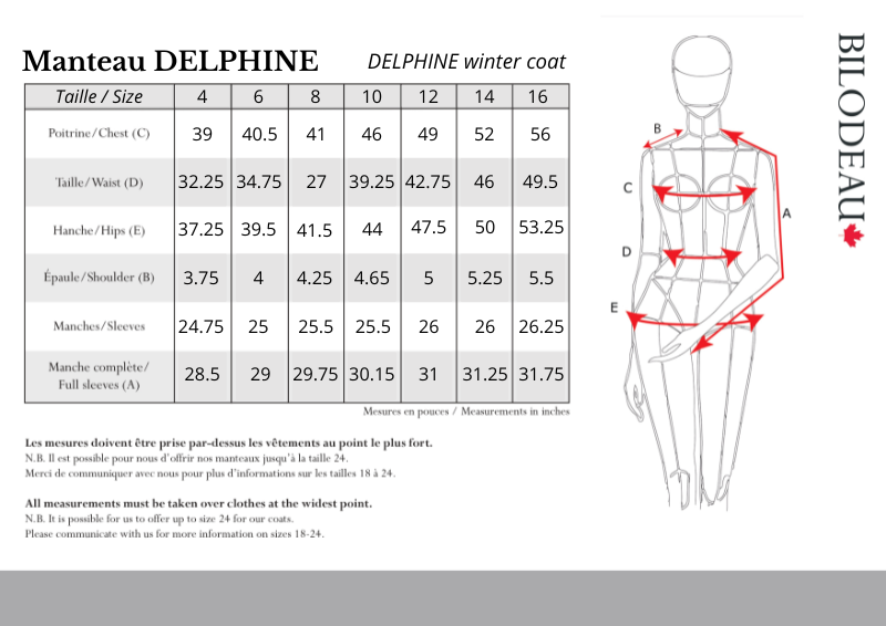 Guide des tailles pour Manteau Delphine - Loup Marin naturel & Renard Blanc