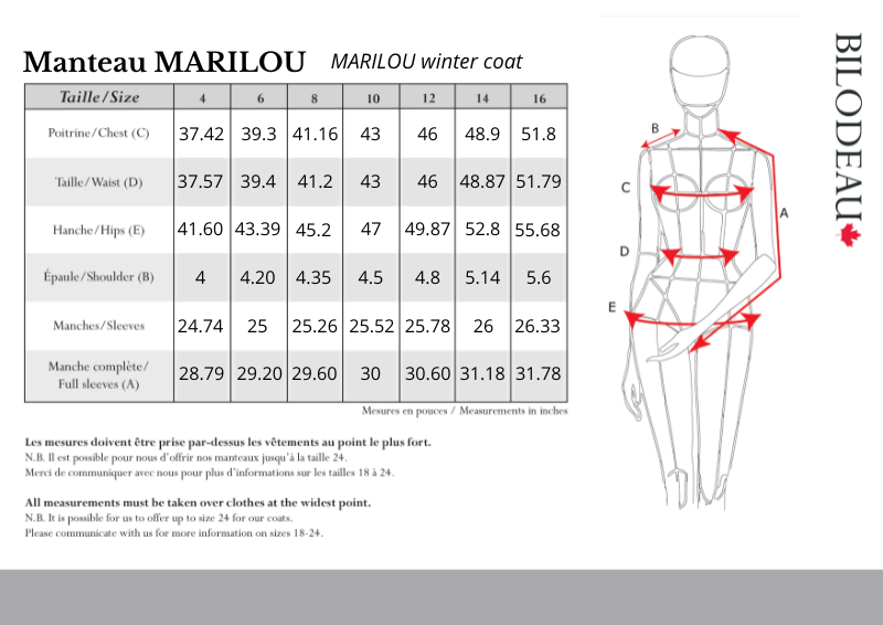 Guide des tailles pour Manteau d'hiver Marilou