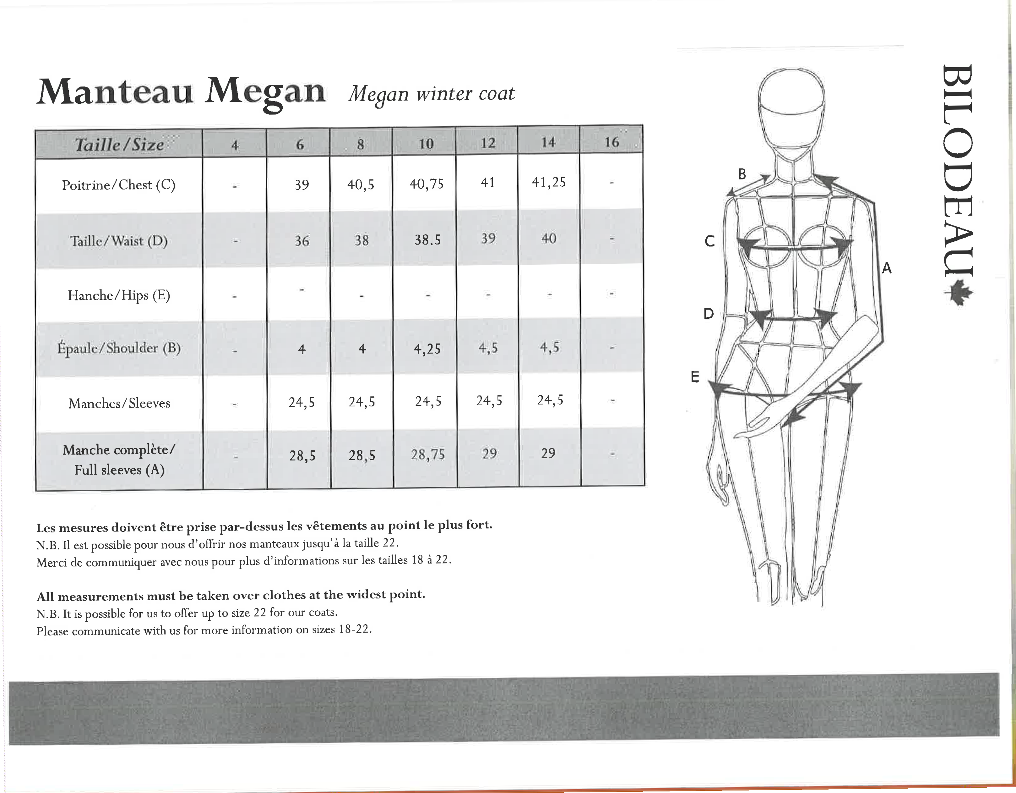 Guide des tailles pour Manteau Megan - Vison naturel & Renard Crystal