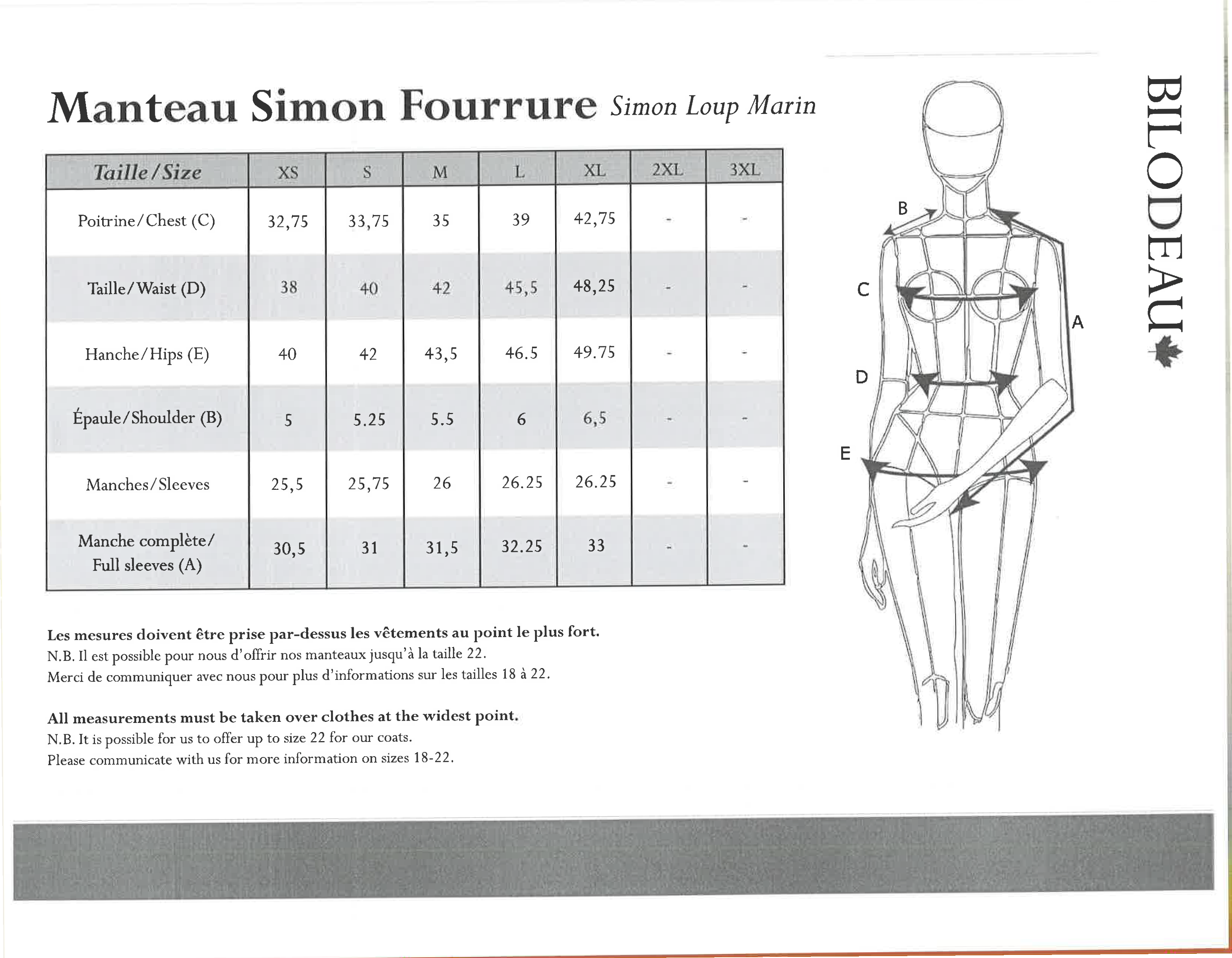 Guide des tailles pour Manteau d'hiver Simon