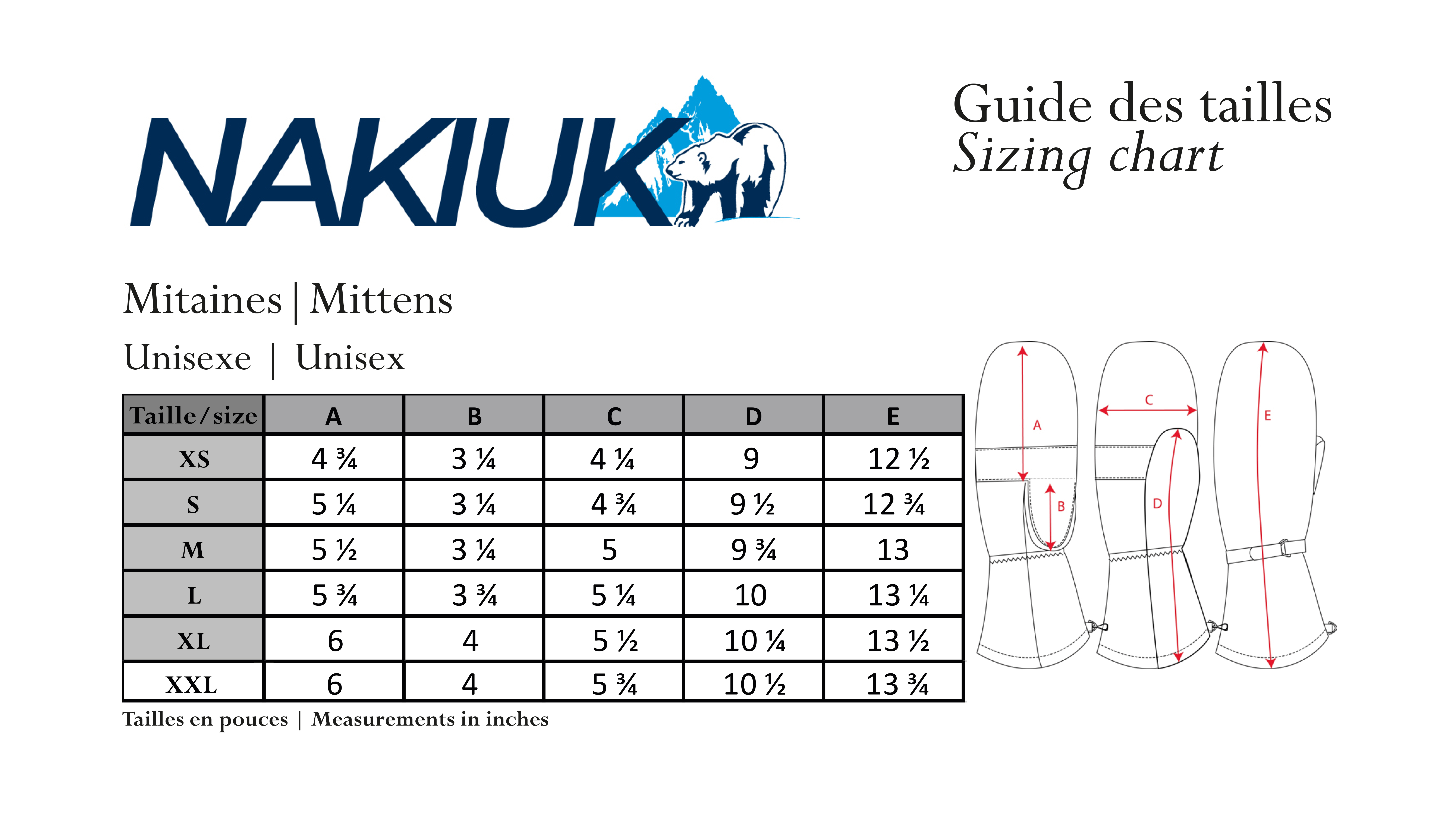 Guide des tailles pour Mitaines en fourrure de Vache noire rasée et nylon - Sportive longues