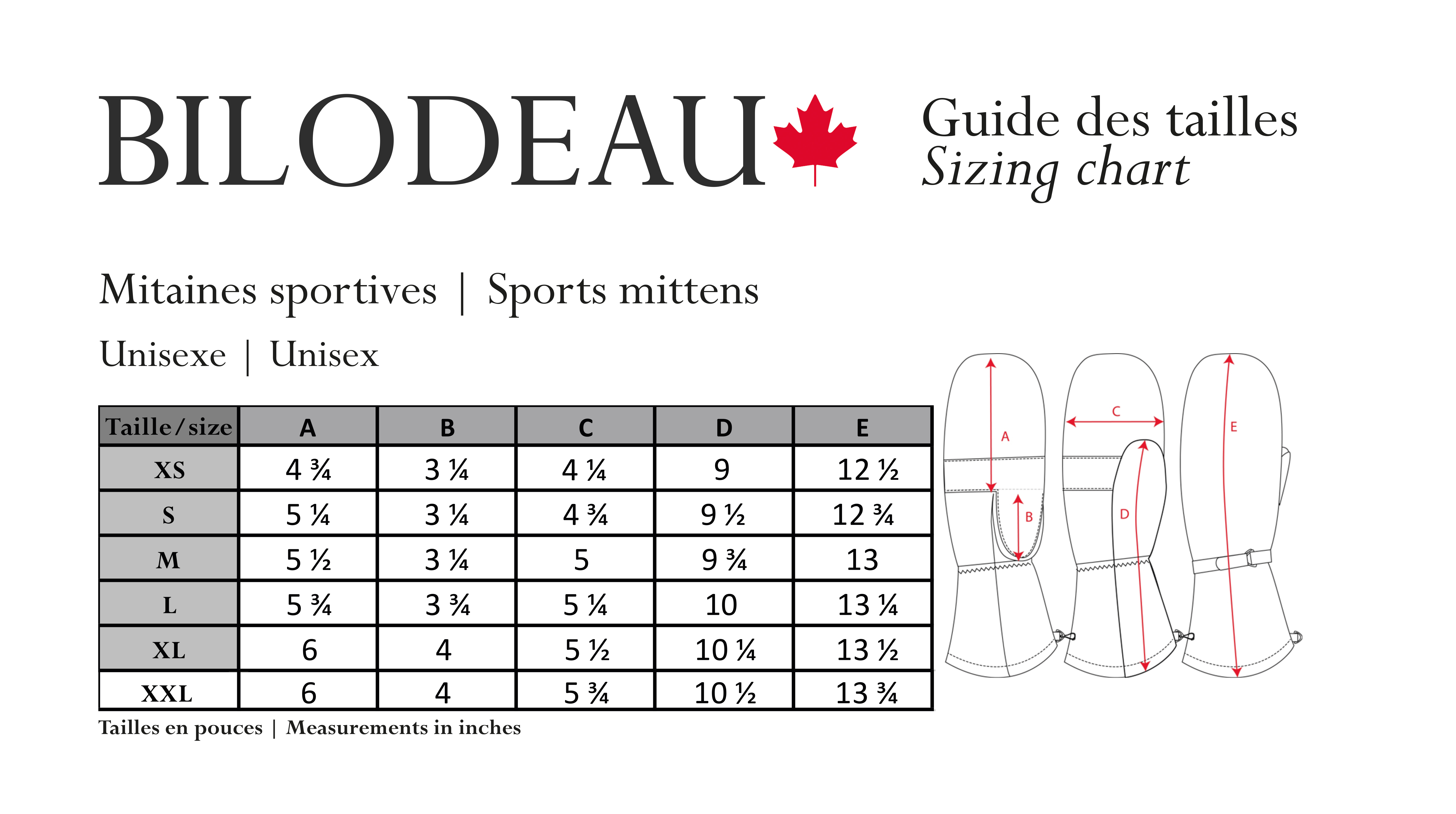 Size guide for Natural seal fur & nylon sports mittens - long
