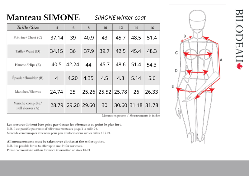 Size guide for Simone winter coat