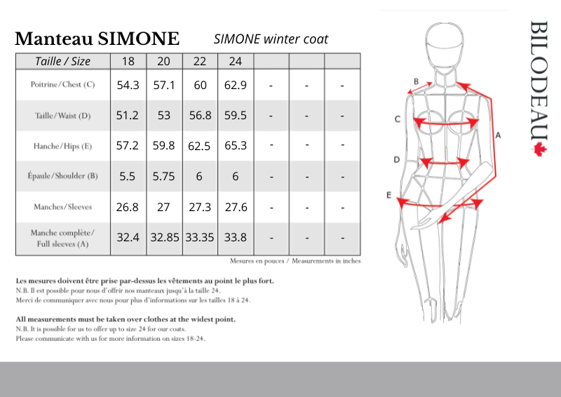 Guide des tailles pour Manteau d'hiver Simone taille plus