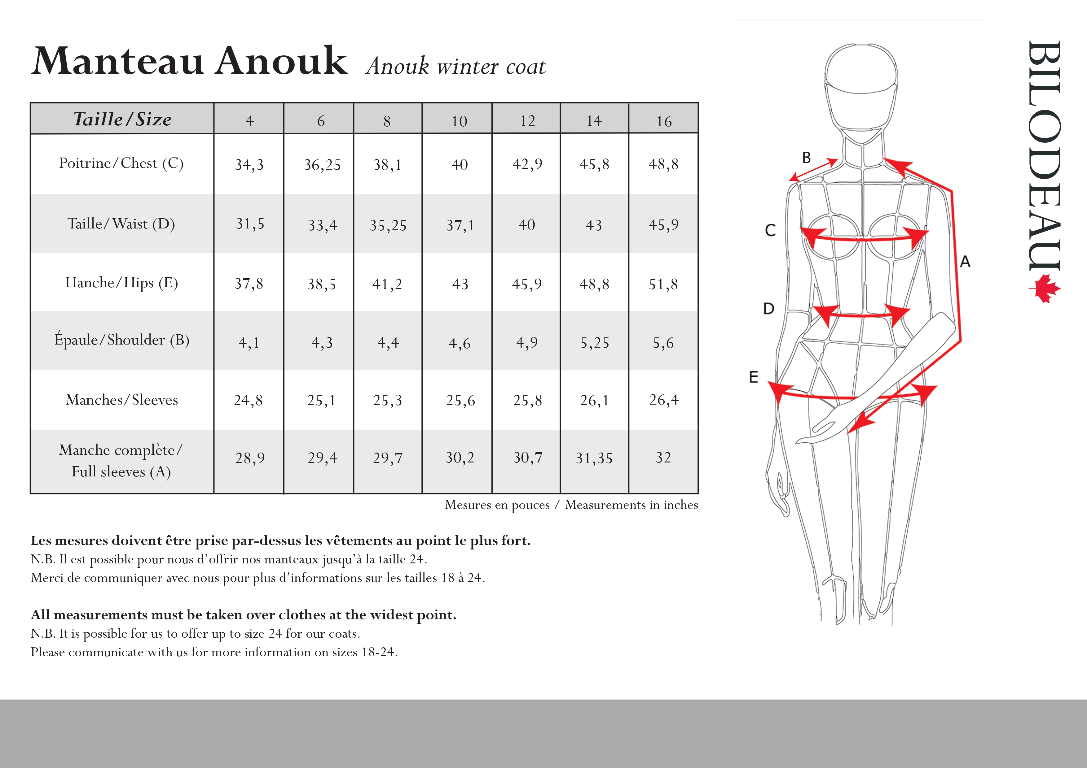 Size guide for Anouk winter coat