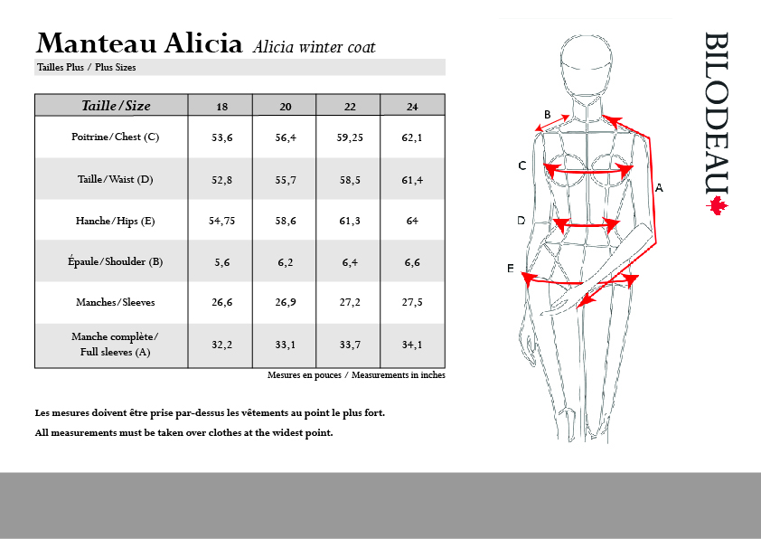 Guide des tailles pour Manteau d'hiver Alicia taille plus