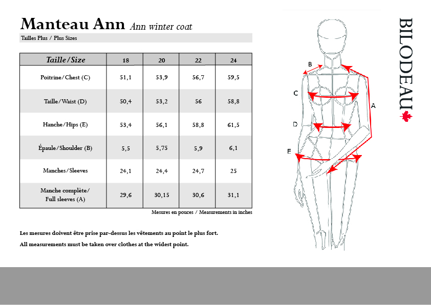 Guide des tailles pour Manteau d'hiver Ann taille plus
