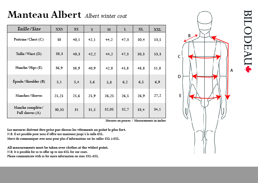 Guide des tailles pour Manteau d'hiver Albert