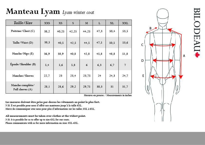 Guide des tailles pour Manteau d'hiver Lyam