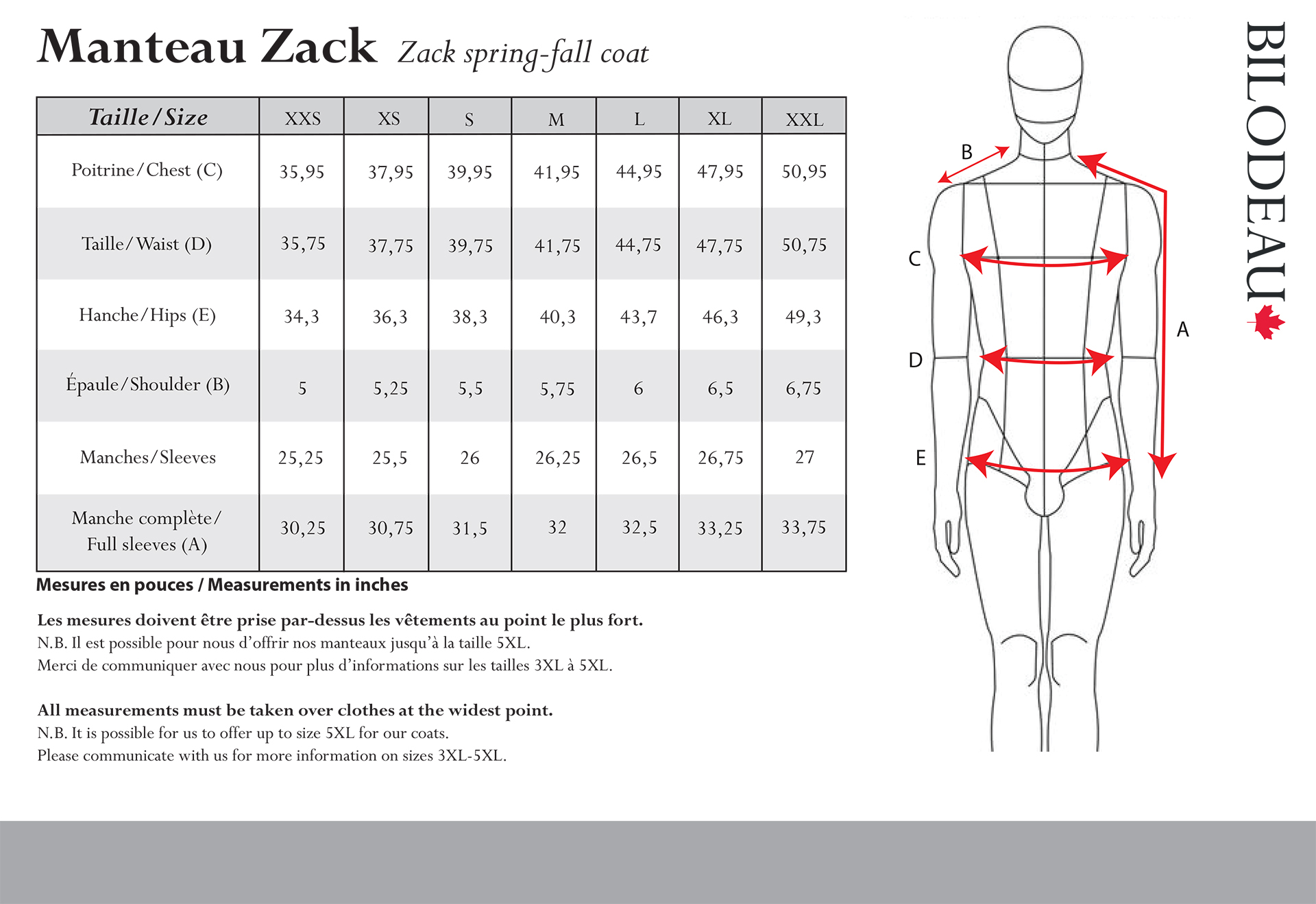 Size guide for Zack autumn coat