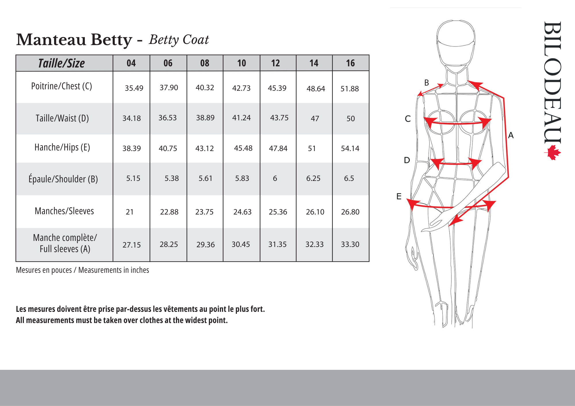 Size guide for Emma - Mid-season coat