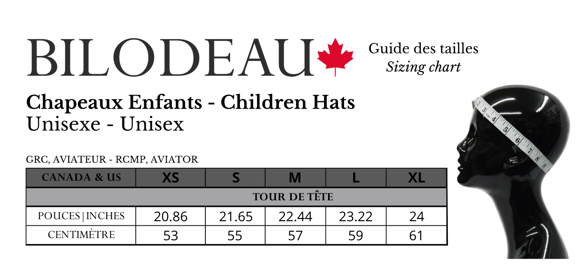 Guide des tailles pour Chapeau en fourrure de Renard Roux pour enfant - Aviateur